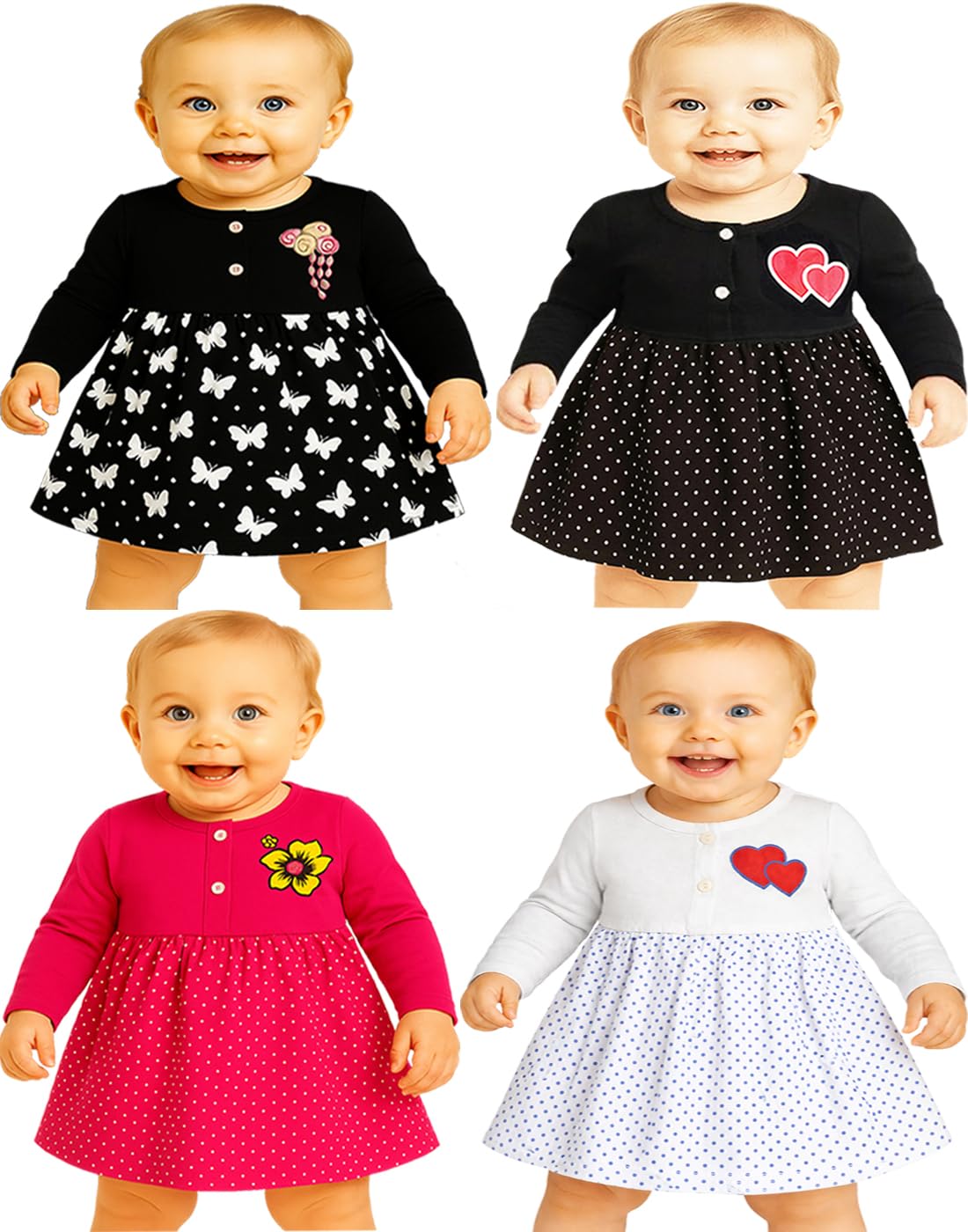Baby Girl's Pure Cotton Knee Length Frock Dress Full Sleeves Pack of 4