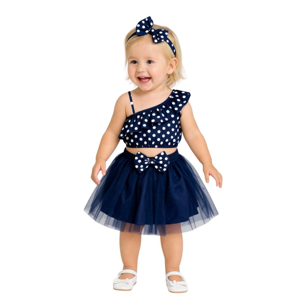 Baby Girls One Shoulder Printed Crop Top with Skirt & Matching Headband Set
