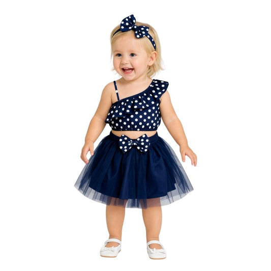 Baby Girls One Shoulder Printed Crop Top with Skirt & Matching Headband Set