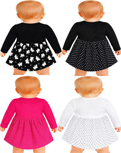 Baby Girl's Pure Cotton Knee Length Frock Dress Full Sleeves Pack of 4
