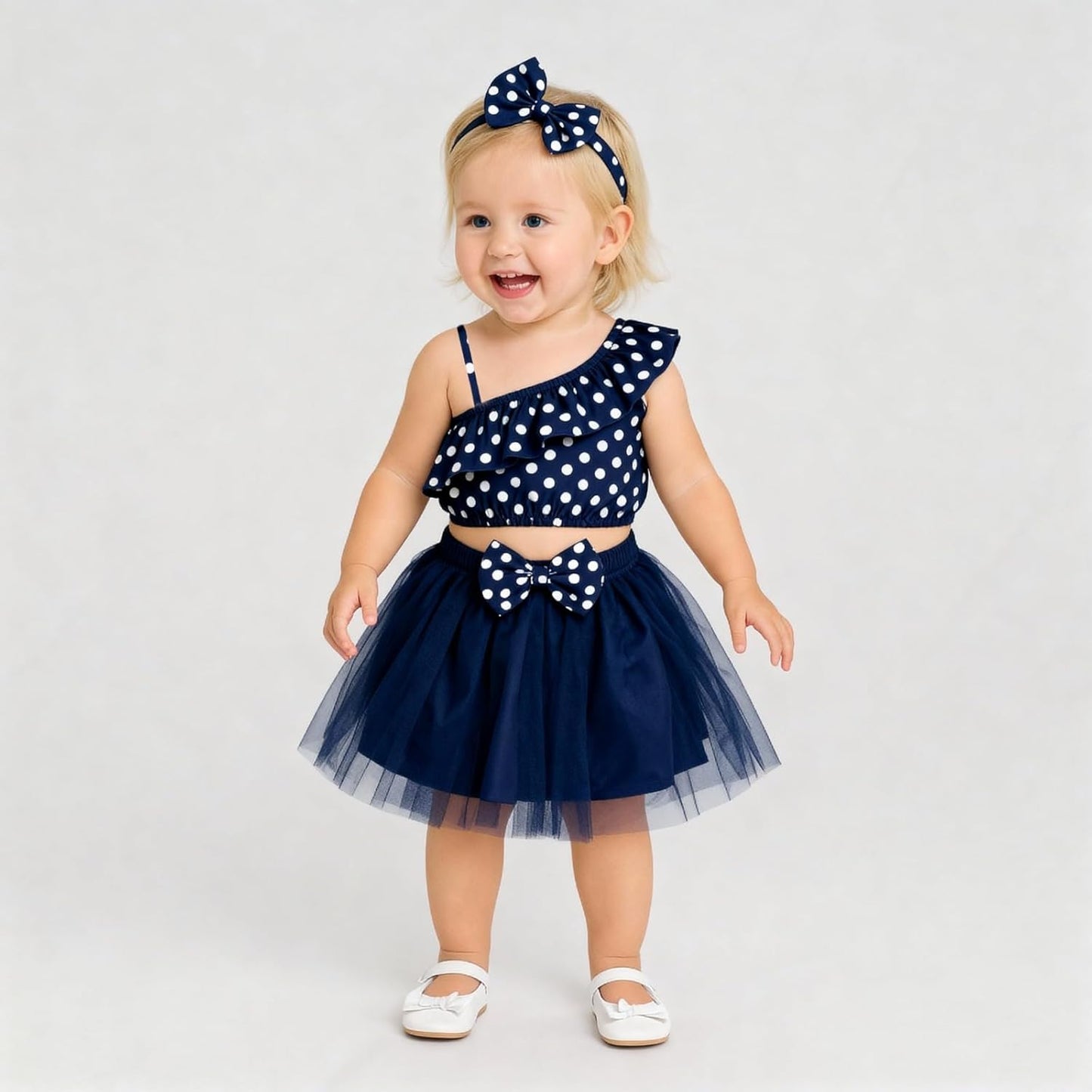 Baby Girls One Shoulder Printed Crop Top with Skirt & Matching Headband Set